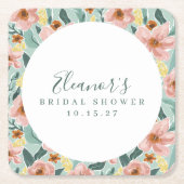 Mini Sage Pink Floral Script Brautparty Custom Rechteckiger Pappuntersetzer (Vorderseite)