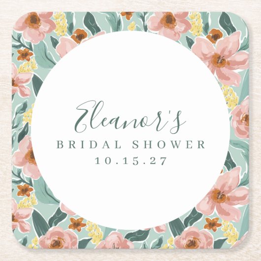 Mini Sage Pink Floral Script Brautparty Custom Rechteckiger Pappuntersetzer (Vorderseite)