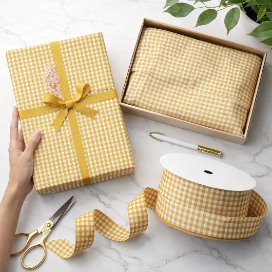 Mini-Scharfe-Senfgelb-Gingham-Karomuster Satinband