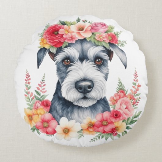 Mini Schnauzer Pink Blume Kronengelb Rundes Kissen (Vorderseite)