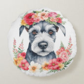 Mini Schnauzer Pink Blume Kronengelb Rundes Kissen (Rückseite)