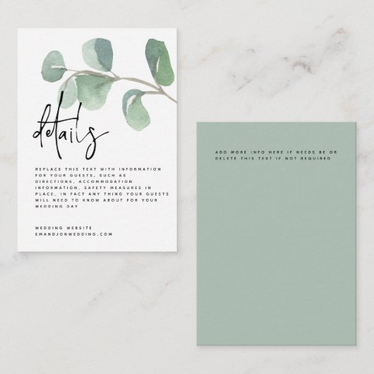 MINI Script Green Eucalyptus Wedding Details Begleitkarte (Vorne/Hinten)
