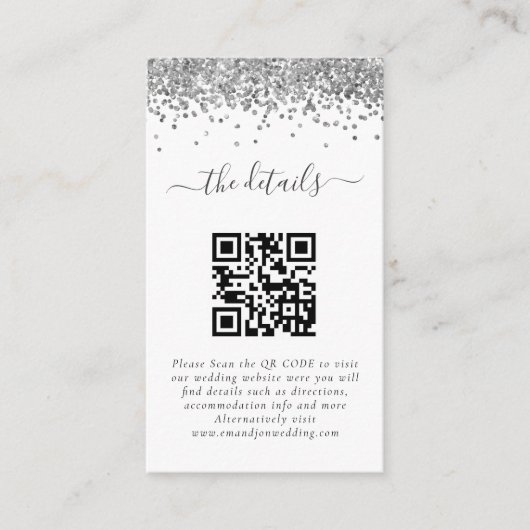 Mini Silver Glitzer QR Code Hochzeitdetails Begleitkarte (Vorderseite)