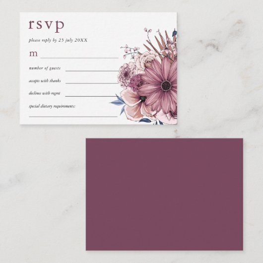 MINI SIZE Lila Berry Florals Wedding RSVP Mitteilungskarte (Vorne/Hinten)