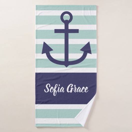 Mini Stripes Navy Anchor Script Name Badetuch Badehandtuch (Badehandtuch)