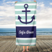 Mini Stripes Navy Anchor Script Name Badetuch Badehandtuch