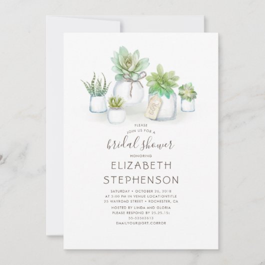 Mini Succulents Mason Jars Rustikales Brautparty Einladung (Vorderseite)