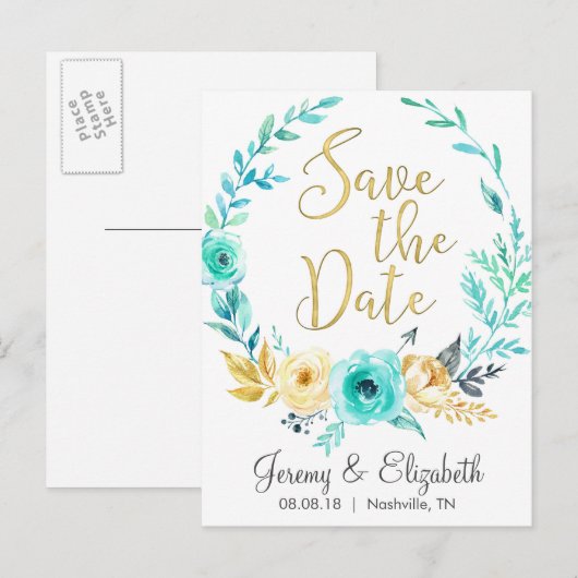 Mini- und Goldflorale-Save the Date Postkarten (Vorne/Hinten)