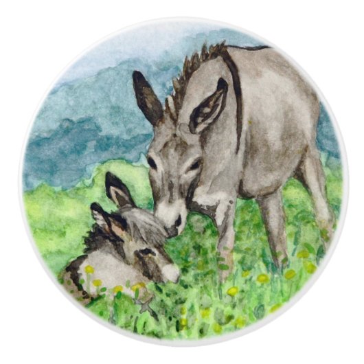 Miniatur-Donkey-Mama und Baby-Aquarell-Kunst Keramikknauf (Vorderseite)