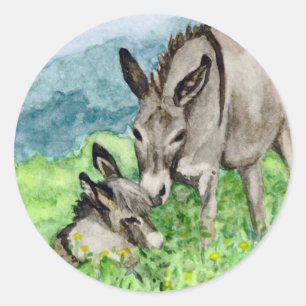 Miniatur-Donkey-Mama und Baby-Aquarell-Kunst Runder Aufkleber