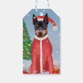 Miniatur Pinsch Hund im Schnee mit Weihnachtsgesch Geschenkanhänger (Rückseite)