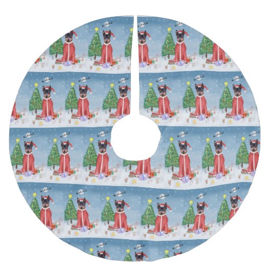 Miniatur Pinsch Hund im Schnee mit Weihnachtsgesch Polyester Weihnachtsbaumdecke (Vorderseite)