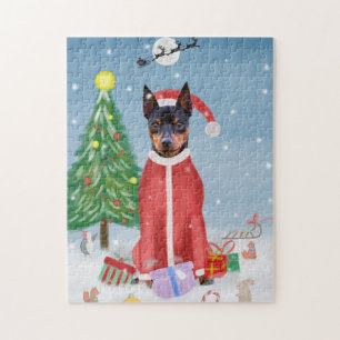 Miniatur Pinsch Hund im Schnee mit Weihnachtsgesch Puzzle