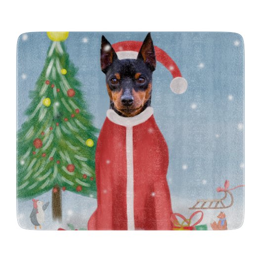 Miniatur Pinsch Hund im Schnee mit Weihnachtsgesch Schneidebrett (Vorderseite)