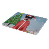 Miniatur Pinsch Hund im Schnee mit Weihnachtsgesch Schneidebrett (Ecke)