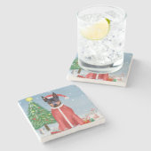 Miniatur Pinsch Hund im Schnee mit Weihnachtsgesch Steinuntersetzer (Seitenansicht)