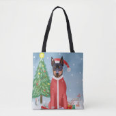 Miniatur Pinsch Hund im Schnee mit Weihnachtsgesch Tasche (Vorderseite)