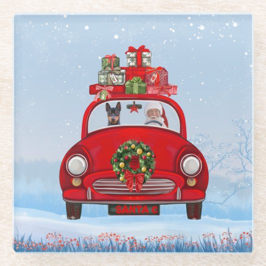 Miniatur Pinscher Hund in Auto mit dem Weihnachtsm Glasuntersetzer (Vorderseite)