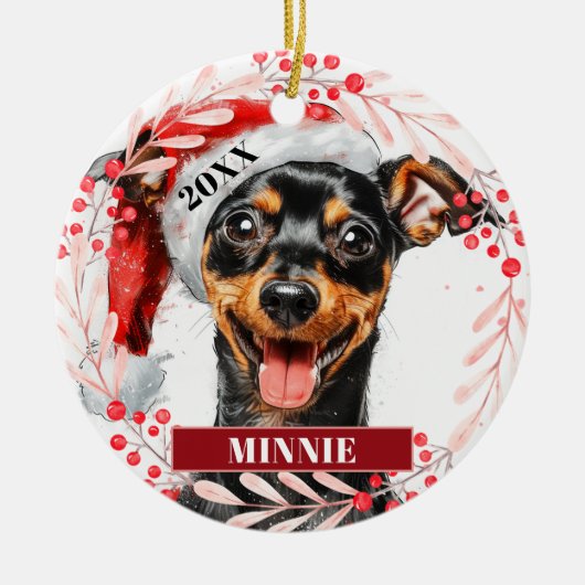 Miniatur Pinscher in Weihnachtsmannmütze Weihnacht Keramik Ornament (Vorne)