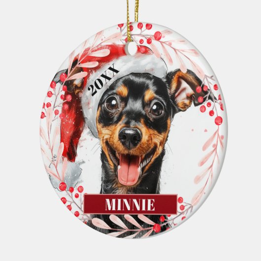 Miniatur Pinscher in Weihnachtsmannmütze Weihnacht Keramik Ornament (Links)