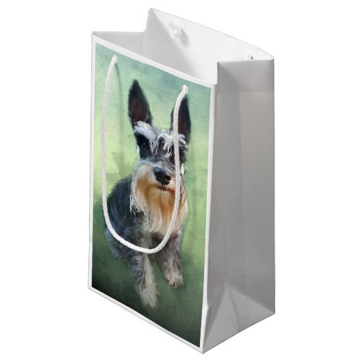 Miniatur Schnauzer Dog Aquarellmalerei Kleine Geschenktüte (Vorderseite Schrägansicht)