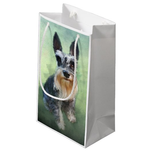 Miniatur Schnauzer Dog Aquarellmalerei Kleine Geschenktüte (Rückseite Schrägansicht)