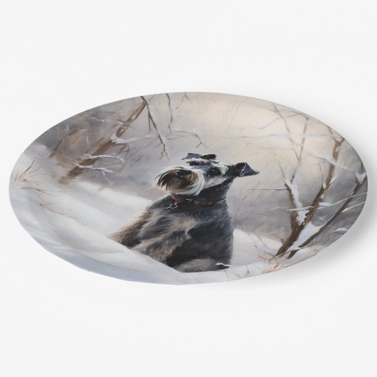 Miniatur Schnauzer lassen es Schnee Weihnachten Pappteller (Schrägansicht)