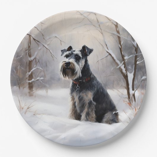 Miniatur Schnauzer lassen es Schnee Weihnachten Pappteller (Vorderseite)