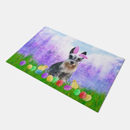 Miniatur Schnauzer mit Ostereiern Bunny Chicks Fußmatte (Schrägansicht)