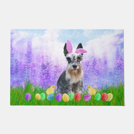 Miniatur Schnauzer mit Ostereiern Bunny Chicks Fußmatte (Vorderseite)