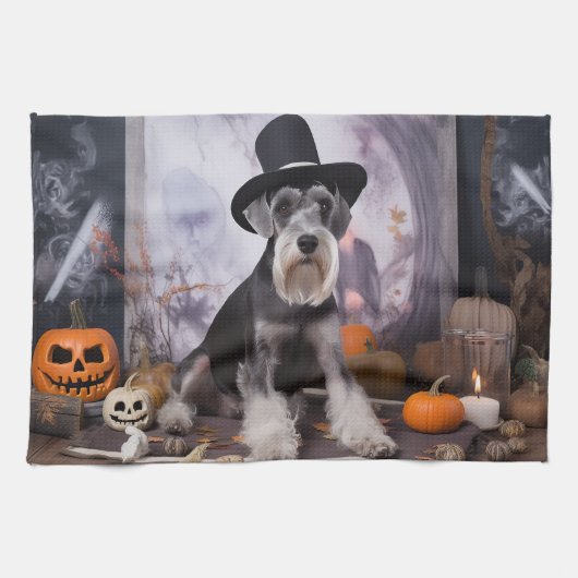 Miniatur Schnauzer Pumpkins Halloween Beängstigend Geschirrtuch (Horizontal)