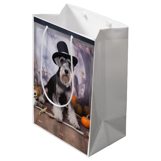 Miniatur Schnauzer Pumpkins Halloween Beängstigend Mittlere Geschenktüte (Rückseite Schrägansicht)