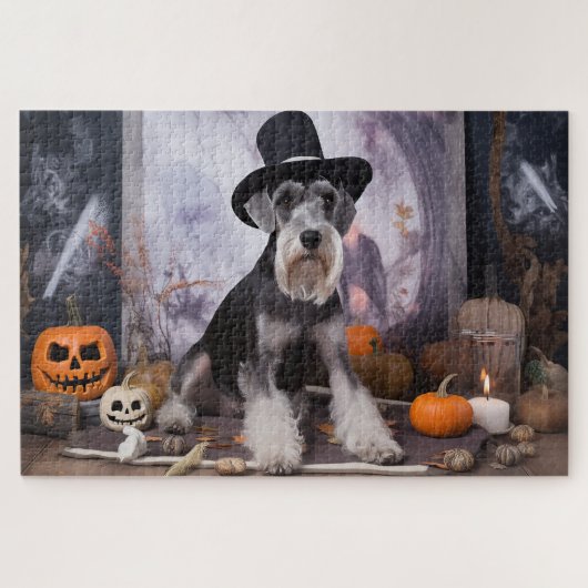 Miniatur Schnauzer Pumpkins Halloween Beängstigend Puzzle (Horizontal)