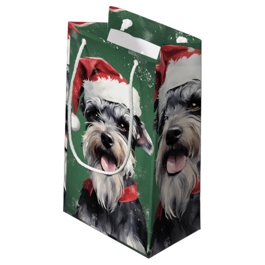 Miniatur Schnauzer Weihnachtsmalerei rund um zwei Kleine Geschenktüte (Rückseite Schrägansicht)