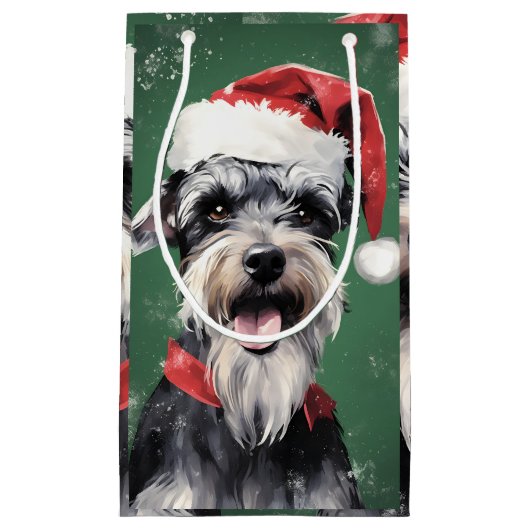 Miniatur Schnauzer Weihnachtsmalerei rund um zwei Kleine Geschenktüte (Vorderseite)