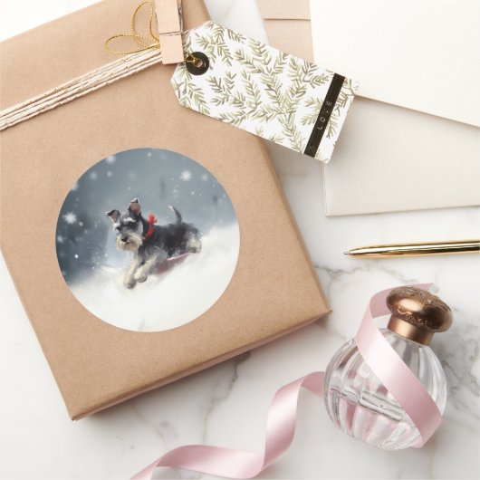 Miniatur Schnauzer Weihnachtsschnee Winter Runder Aufkleber (Schenken)