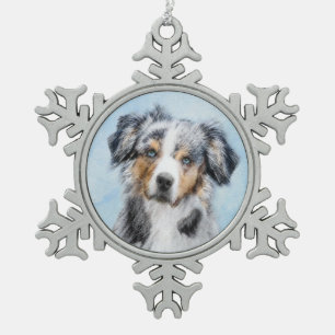 Miniaturamerikanische Hirtenmalerei - Hundekunst Schneeflocken Zinn-Ornament