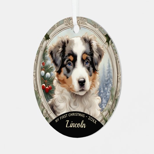 Miniaturamerikanischer Hirtenwelpen Ornament Aus Metall (Vorderseite links)