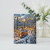 Miniaturbahn in der schneebedeckten Winterstadt Feiertagspostkarte (Stehend Vorderseite)