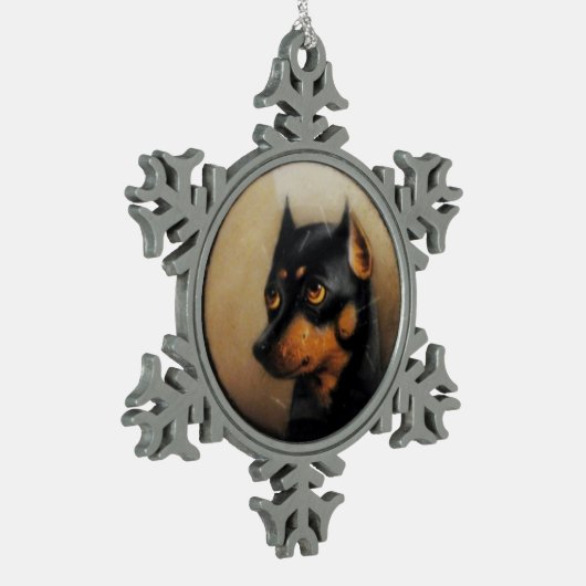 MINIATURE HUND PORTRAS Pincher Schneeflocken Zinn-Ornament (Links)
