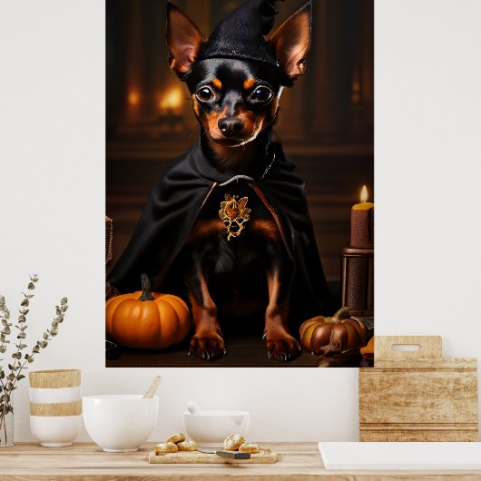 Miniature Pinscher Hund in einem Halloween-Party Poster (Küche)