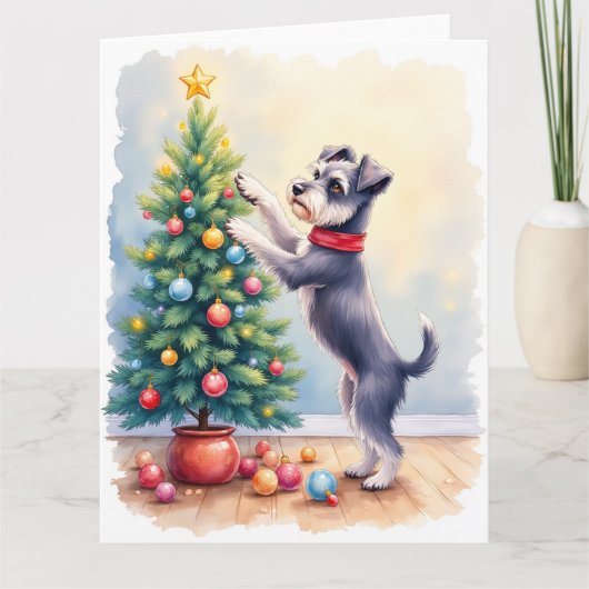 Miniature Schnauzer Decorating Christmas Tree Dog Karte (Vorderseite)