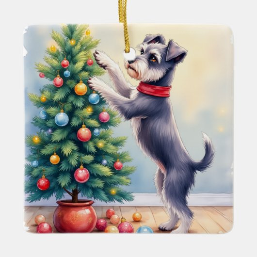 Miniature Schnauzer Decorating Christmas Tree Dog Keramikornament (Vorderseite)