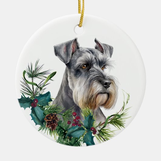 Miniature Schnauzer Dog Portrait Holly Wreath Keramik Ornament (Vorne)