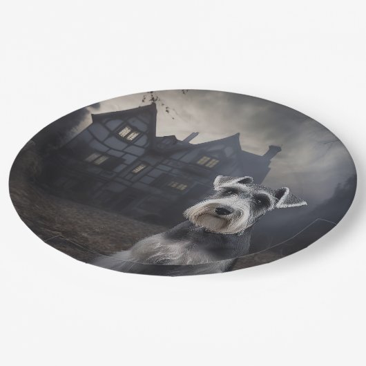 Miniature Schnauzer Halloween Beängstigend Pappteller (Schrägansicht)