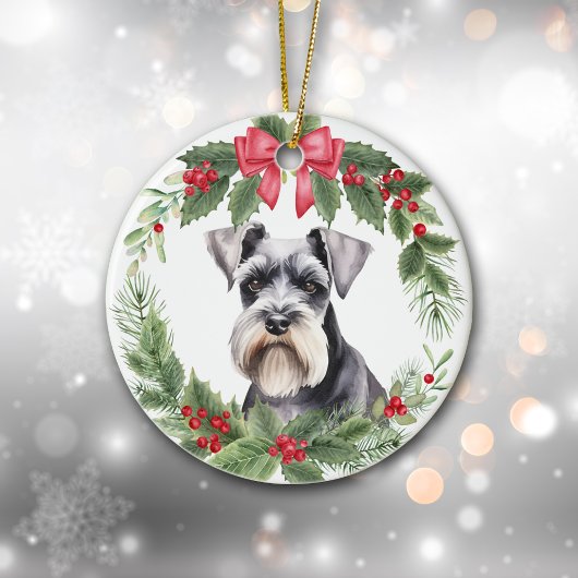 Miniature Schnauzer Terrier Red Bow Wreath Keramik Ornament