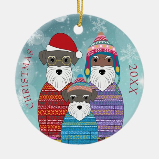 Miniature Schnauzers Weihnachtsfamilie Portrait Po Keramik Ornament (Vorne)