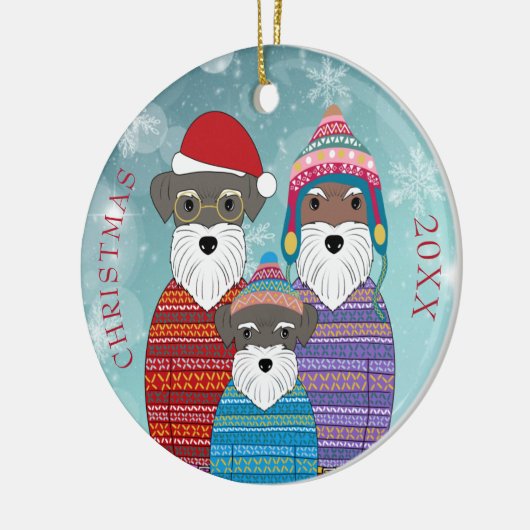 Miniature Schnauzers Weihnachtsfamilie Portrait Po Keramik Ornament (Links)