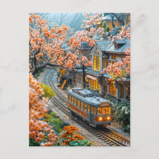 Miniaturfederzug unter Kirschbäumen Feiertagspostkarte (Vorderseite)