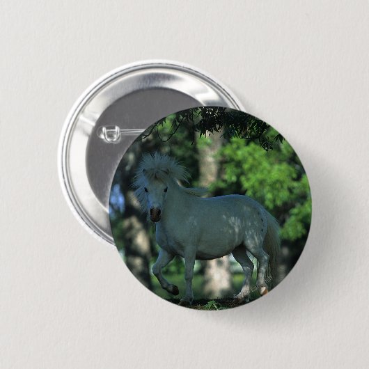 Miniaturpferd stehend in den Bäumen Button (Vorne & Hinten)